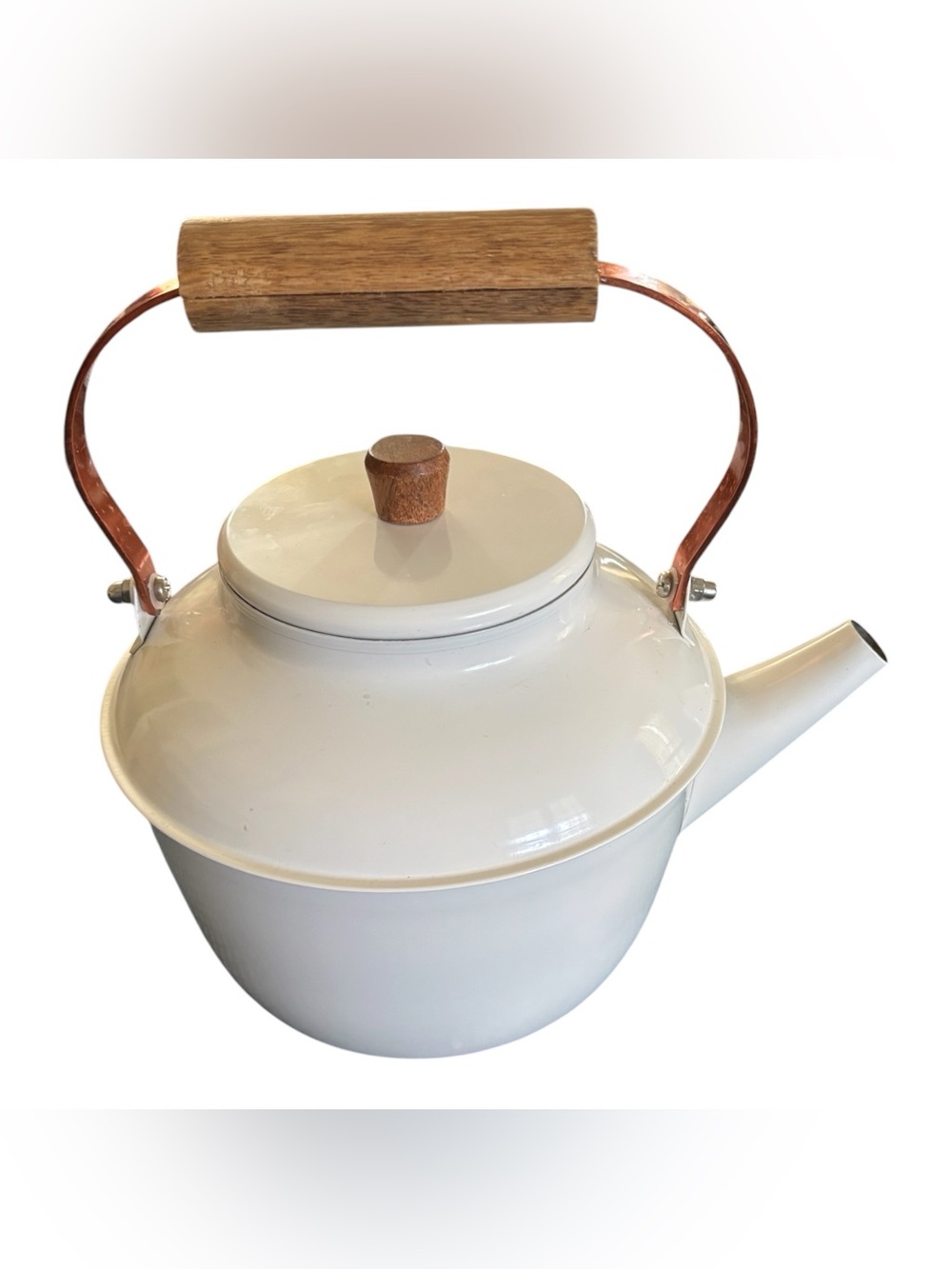 Hearth & Hand Magnolia White Stainless Steel Teapot 1.75 QT Wood Copper Handle